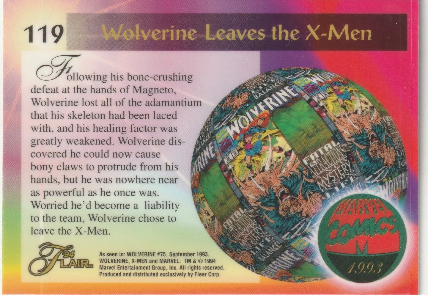 1994 Flair Marvel Inaugural Edition #119 Bone Claws Wolverine Pack Fresh Vintage