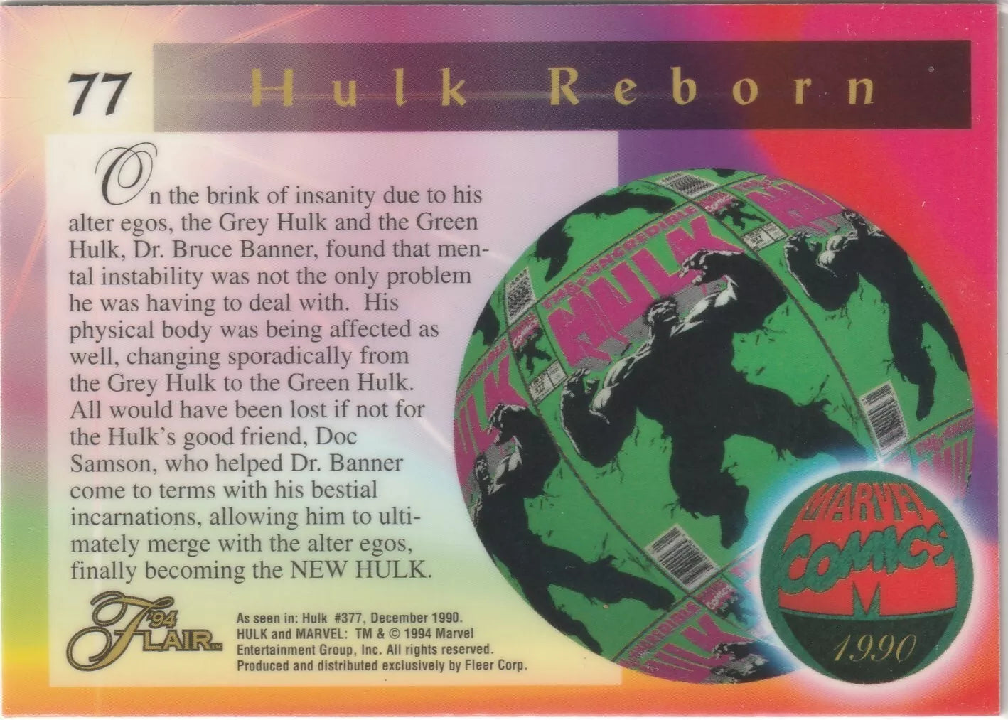 1994 Flair Marvel Inaugural Edition #77 The New Hulk Pack Fresh VIntage