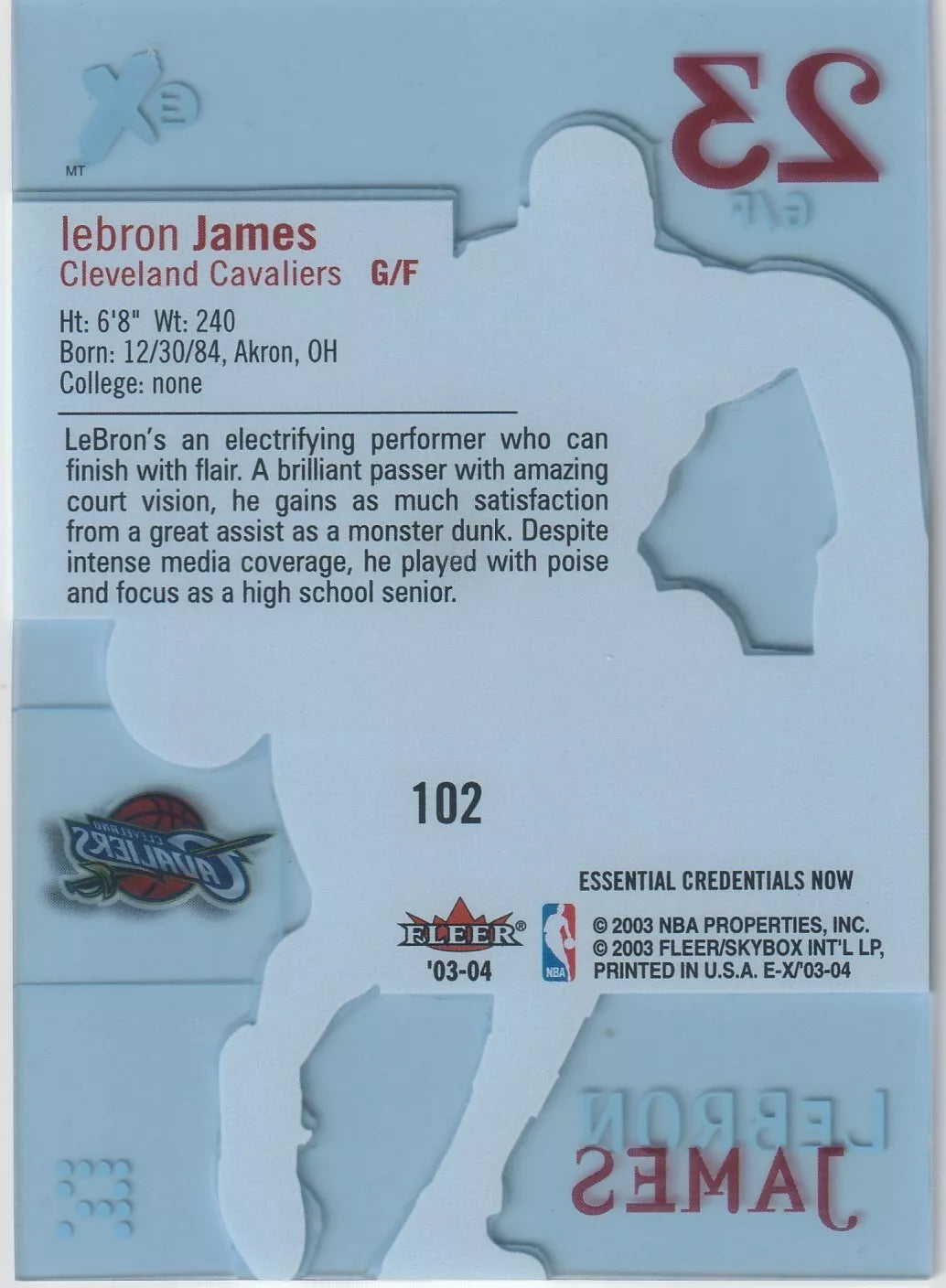"Back of the 2003-04 Fleer E-X Essentials Credentials Now #102 LeBron James card, featuring biographical details and a silhouette cutout."