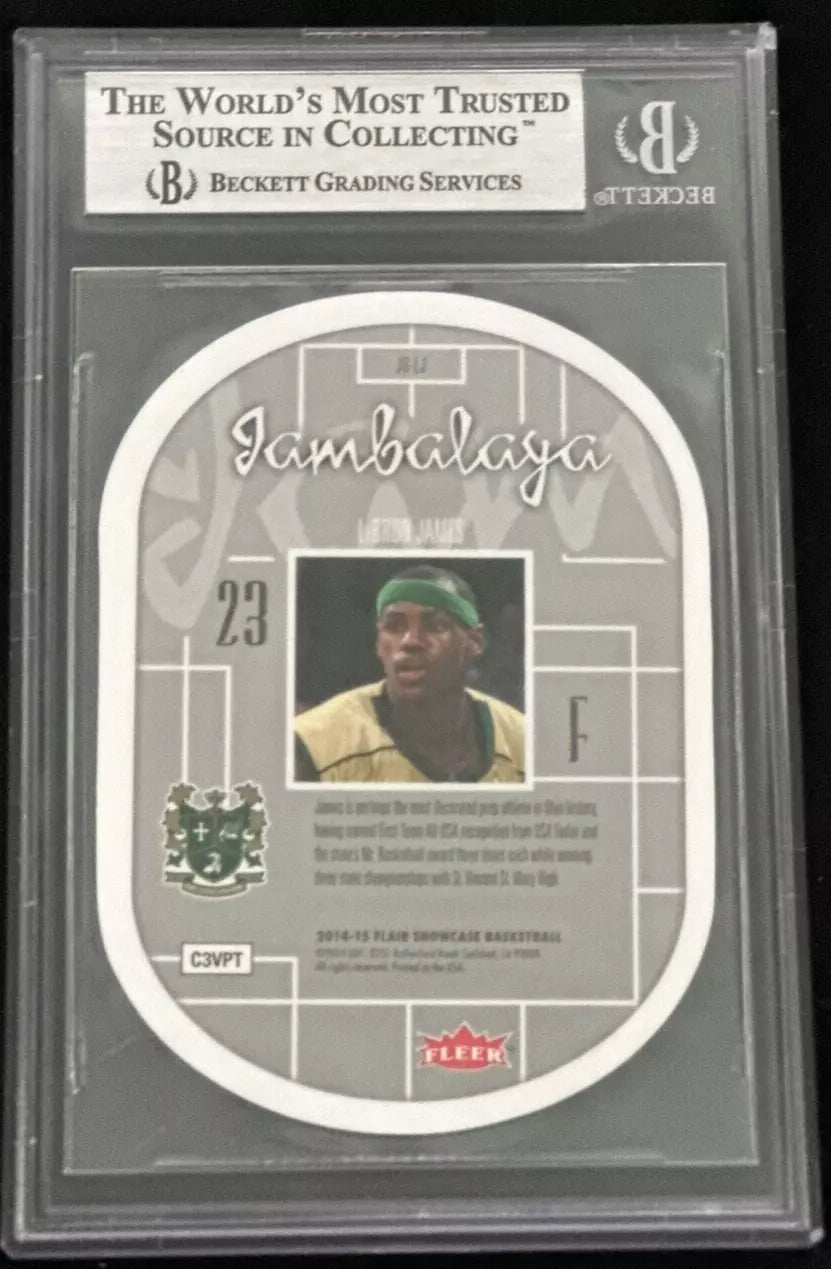 "Back of the 2014-15 SP Authentic Jambalaya #JBLJ LeBron James card, featuring career highlights and Beckett Grading Services certification."
