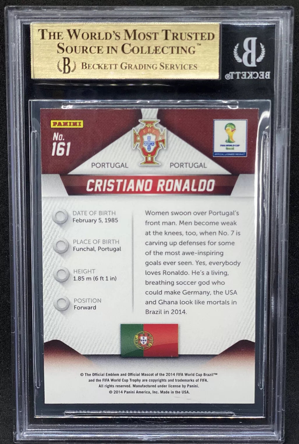 Cristiano Ronaldo’s 2014 World Cup performance highlights on his Panini Prizm card, including personal details and description of his impact for Portugal.
