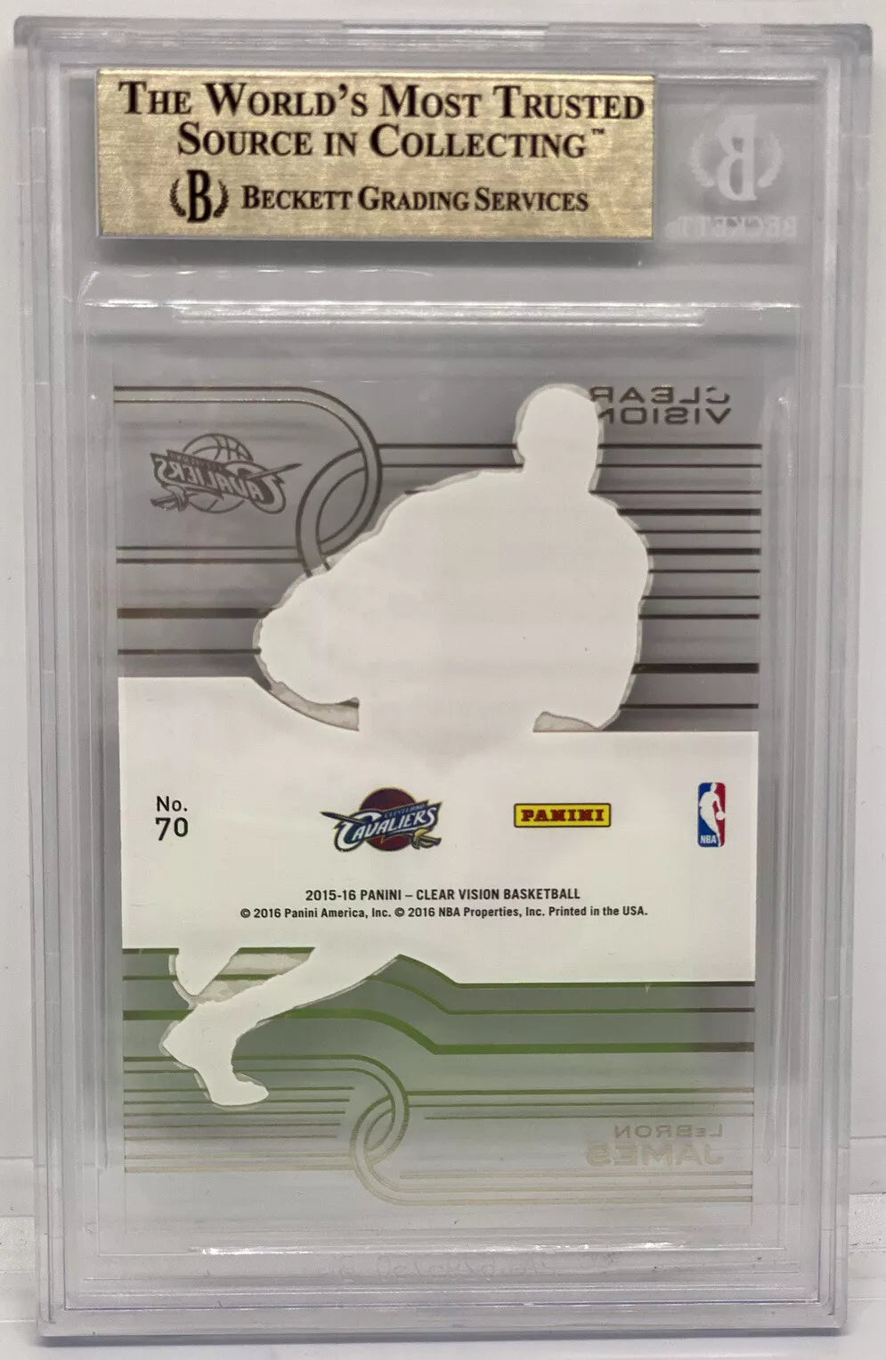 The back of a 2015-16 Panini Clear Vision LeBron James card, featuring a translucent silhouette and the Cavaliers logo, labeled as card number 70.