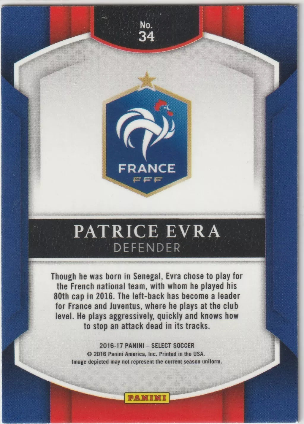 Overview of Patrice Evra’s leadership and playing style for France and Juventus on his Panini Select card, featuring the France Football Federation crest.
