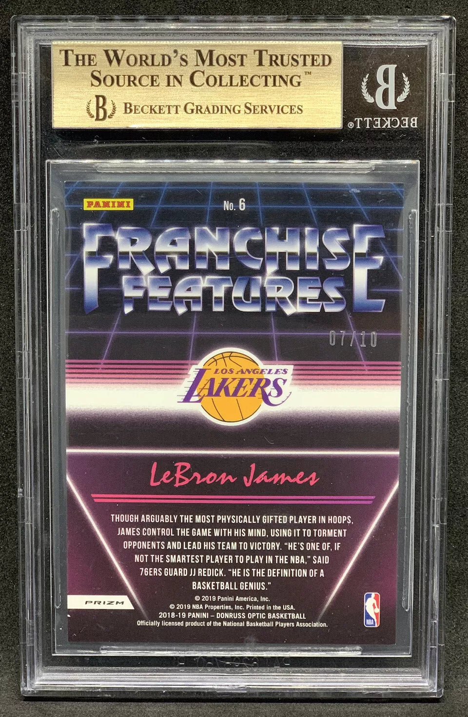 "Back of the 2018-19 Donruss Optic Franchise Features Gold LeBron James card, with a player biography, Lakers logo, and limited-edition serial number 07/10."