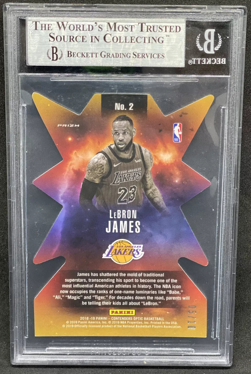 The back of a LeBron James 2018-19 Panini Contenders Optic Superstar Gold Prizm card, featuring a Lakers logo and card number 05/10.