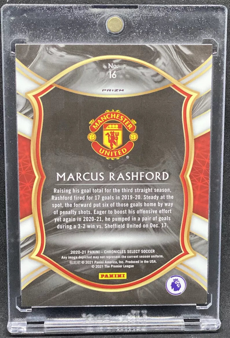 Marcus Rashford’s 2019-20 season summary, including his 17 goals for Manchester United, on a Panini Chronicles Select Soccer card with the club crest and performance highlights.
