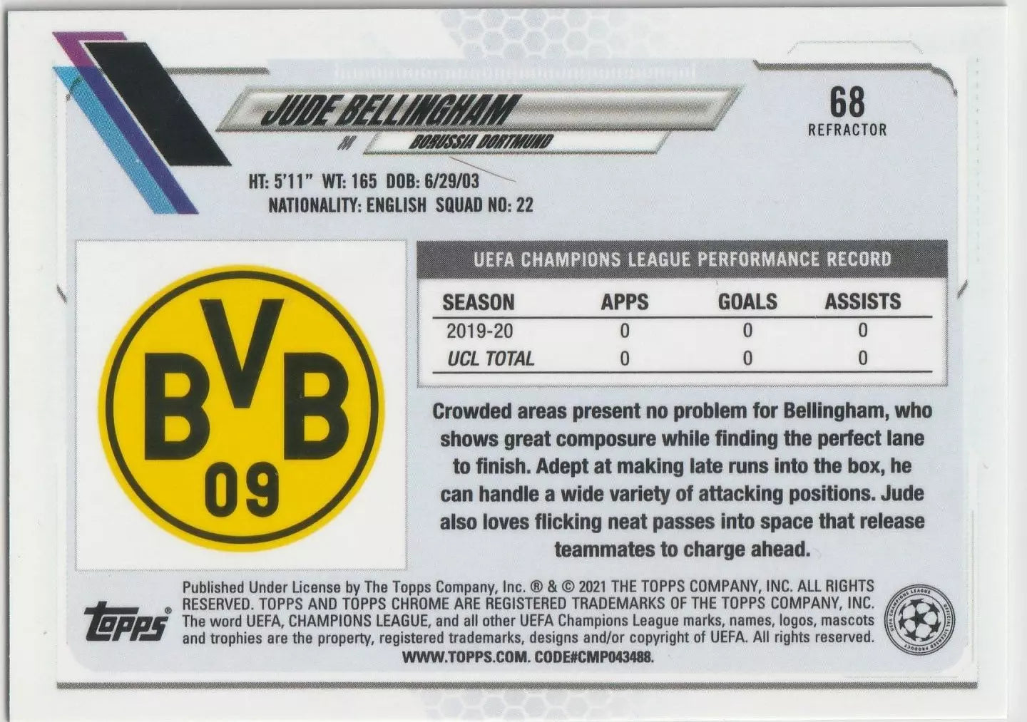 Player statistics and bio for Jude Bellingham on his Topps Chrome silver refractor rookie card, including UEFA Champions League performance record and playing style analysis.
