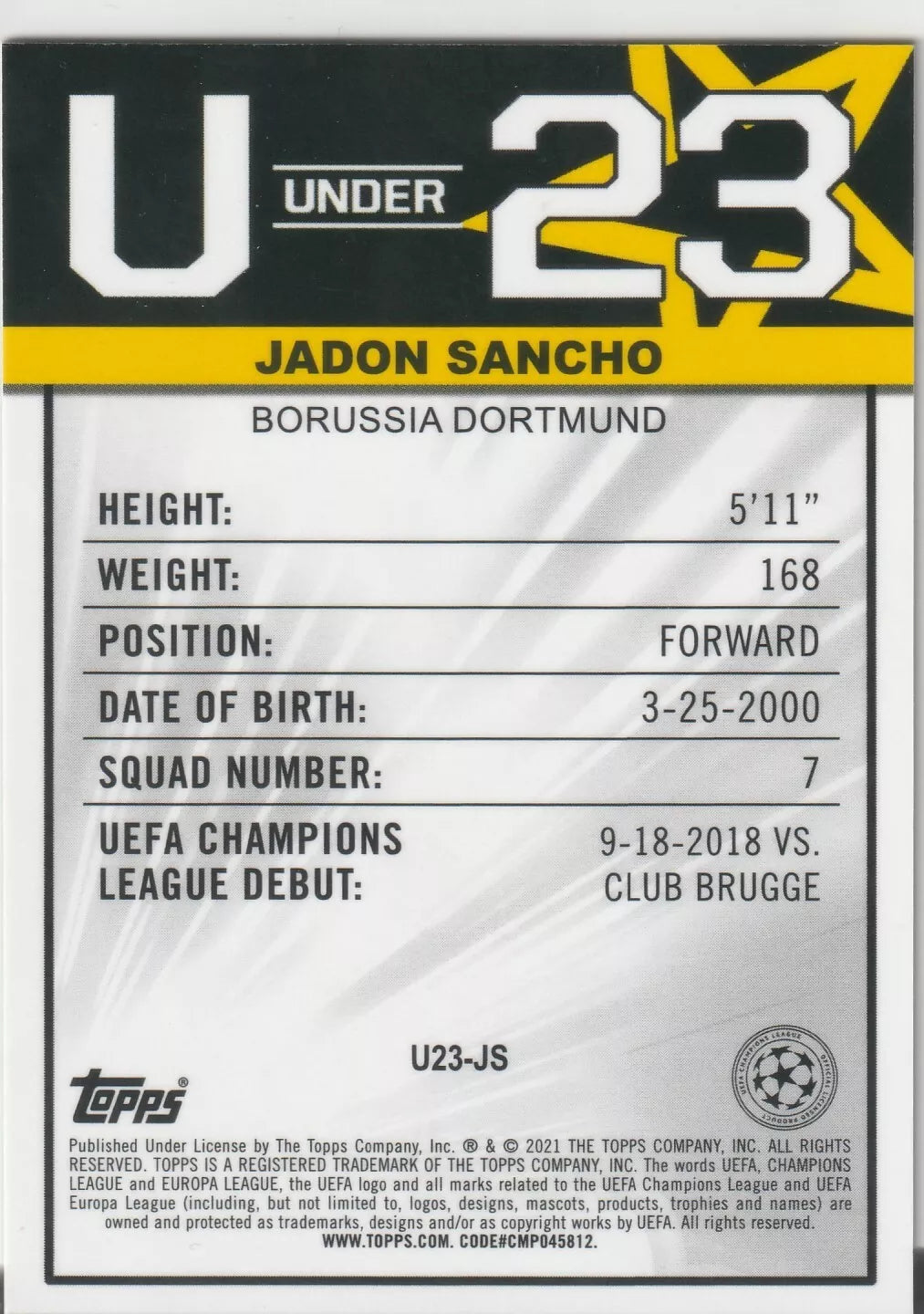Player statistics and bio for Jadon Sancho on his U23 Topps card, including height, weight, position, and UEFA debut details.