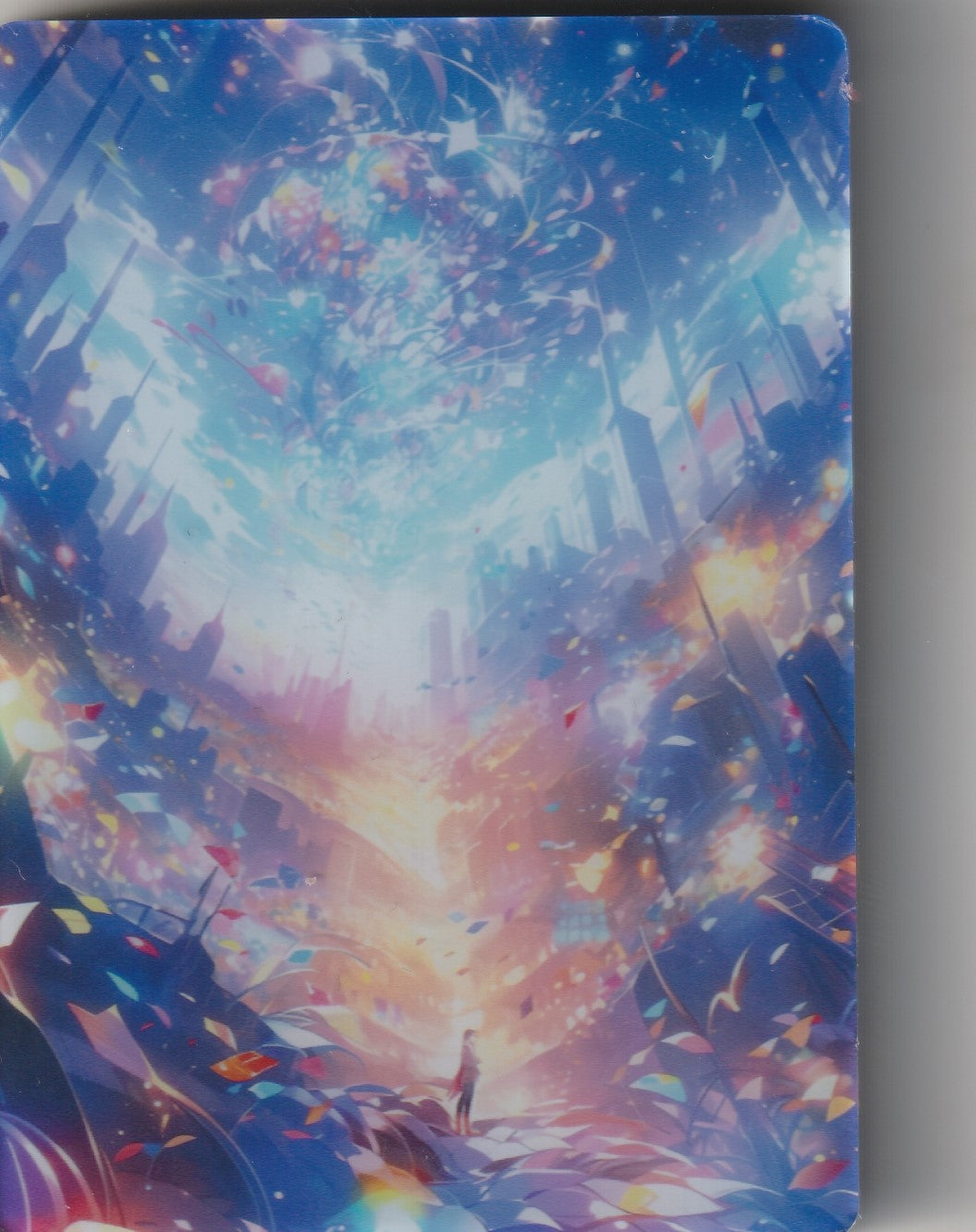 Dreamlike cosmic cityscape with vibrant colors and a lone figure standing under a swirling, starry sky.