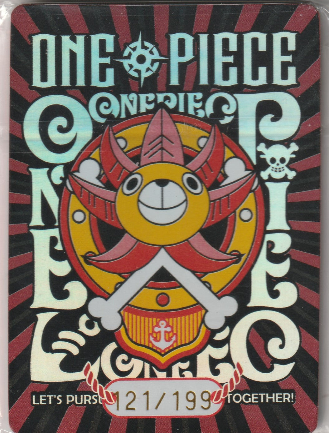 Back of One Piece card displaying the Thousand Sunny ship with a red and black radial burst background and limited edition number 21/199