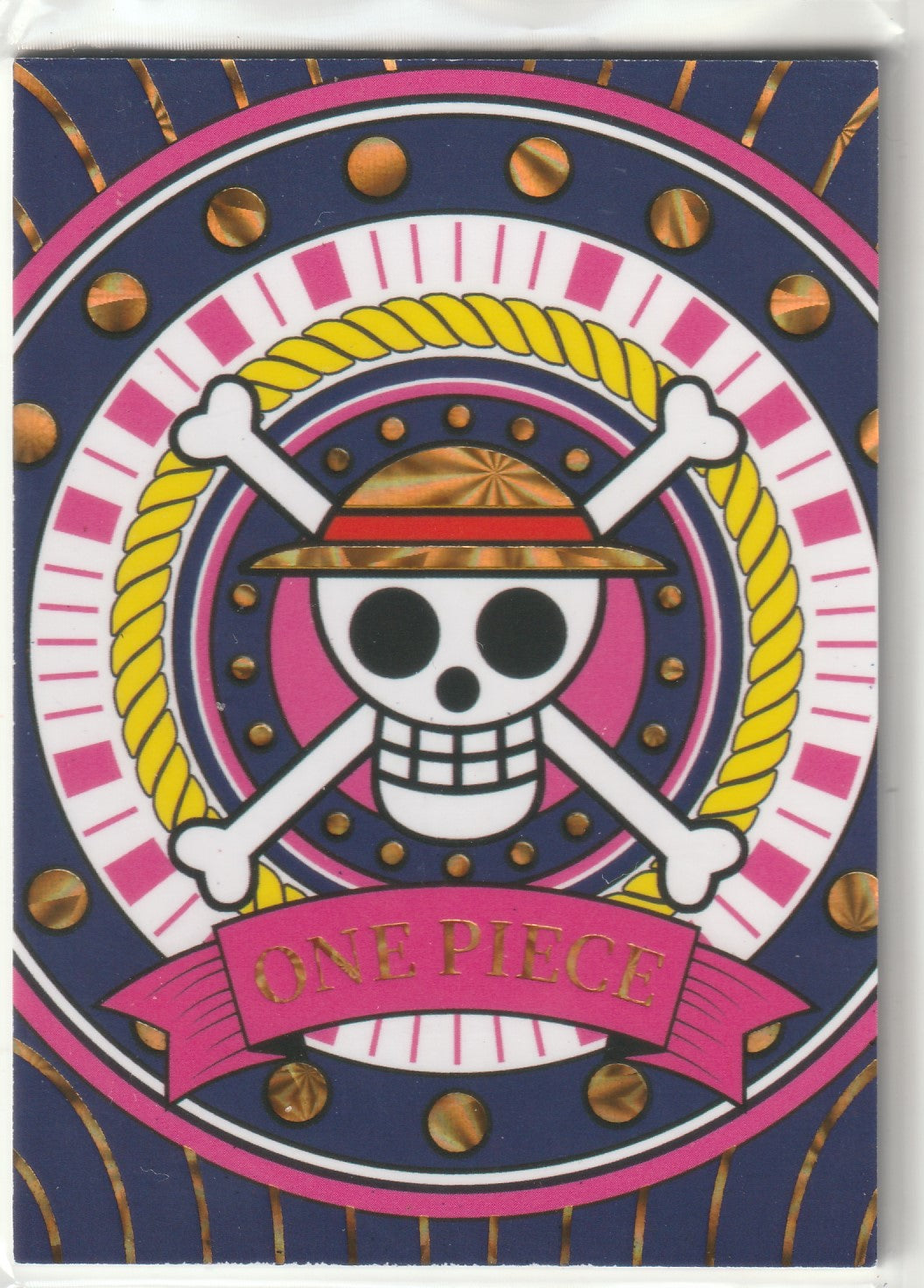 Back of One Piece SP Gemini collectible card with Jolly Roger design, pink and navy background, and gold accents.