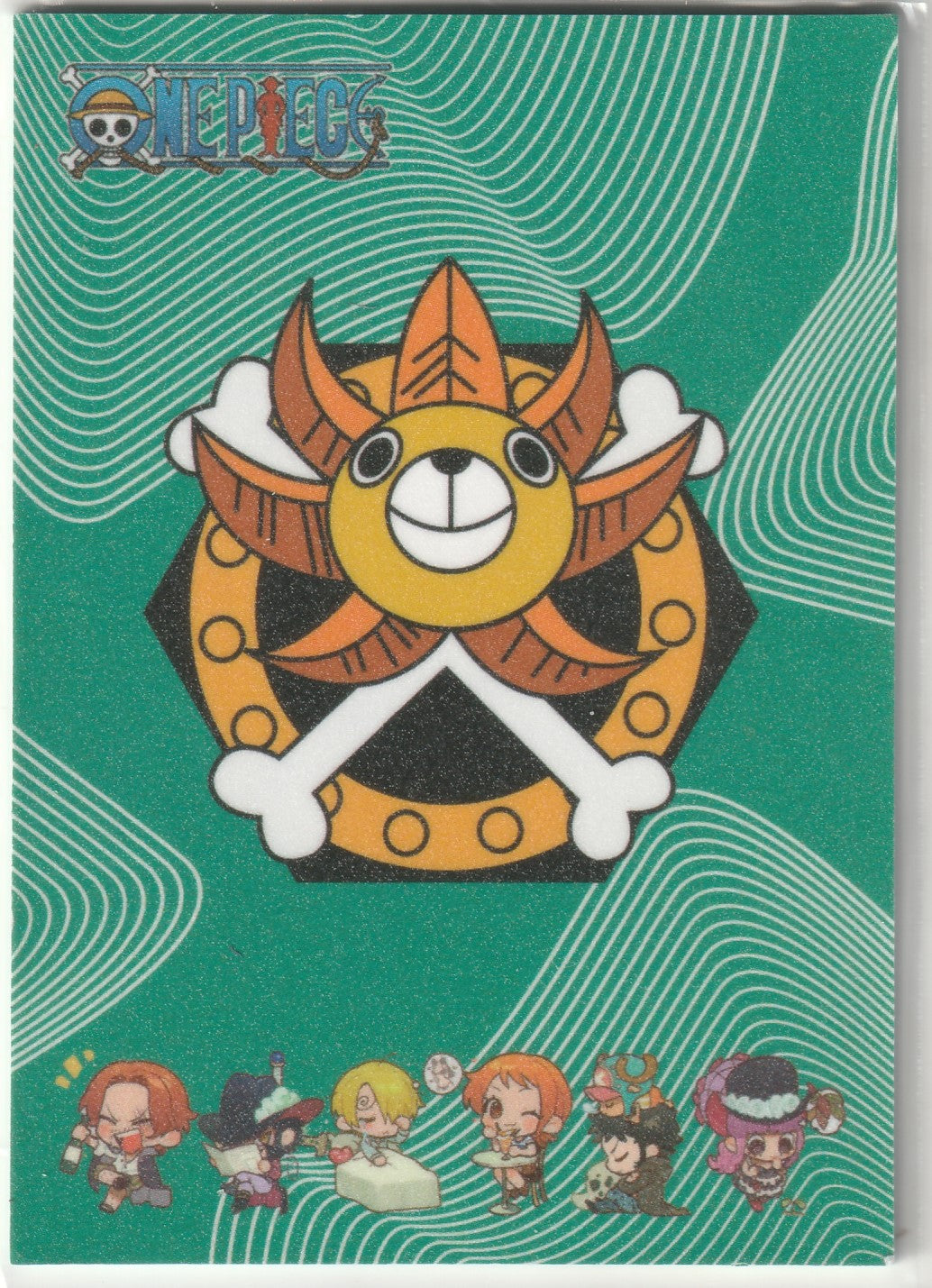 One Piece Thousand Sunny logo with chibi crew members.