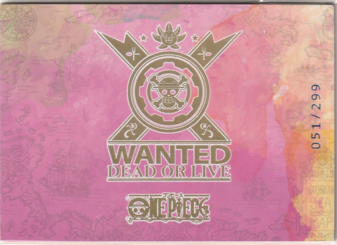 Back of One Piece card with gold WANTED DEAD OR LIVE design and One Piece logo, serial number 051/299.
