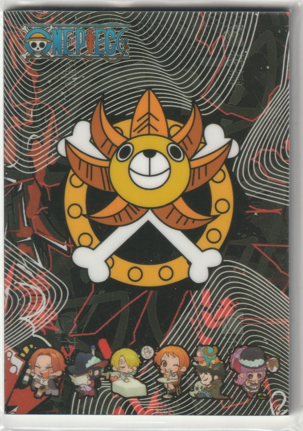 Back of One Piece collectible card featuring the Thousand Sunny emblem and chibi Straw Hat Crew with a swirling black and red design.