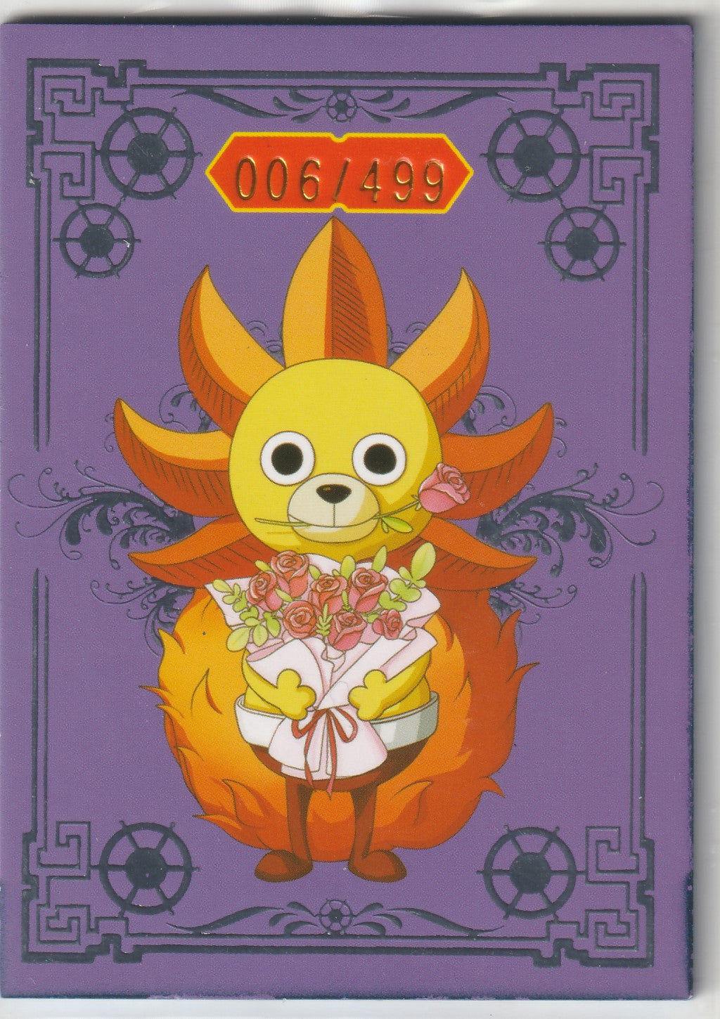 Sunny-kun from One Piece, holding a bouquet of roses with a limited-edition plaque marked "006/499."