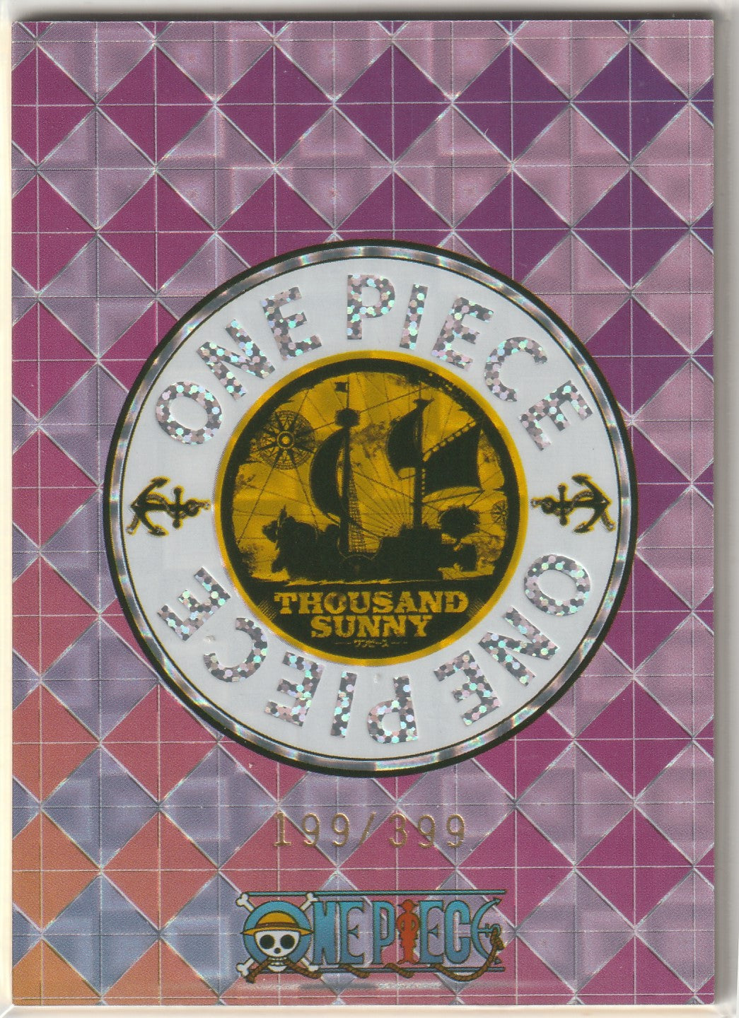 "One Piece card back with Thousand Sunny emblem, purple grid pattern, and limited-edition numbering '199/399'."