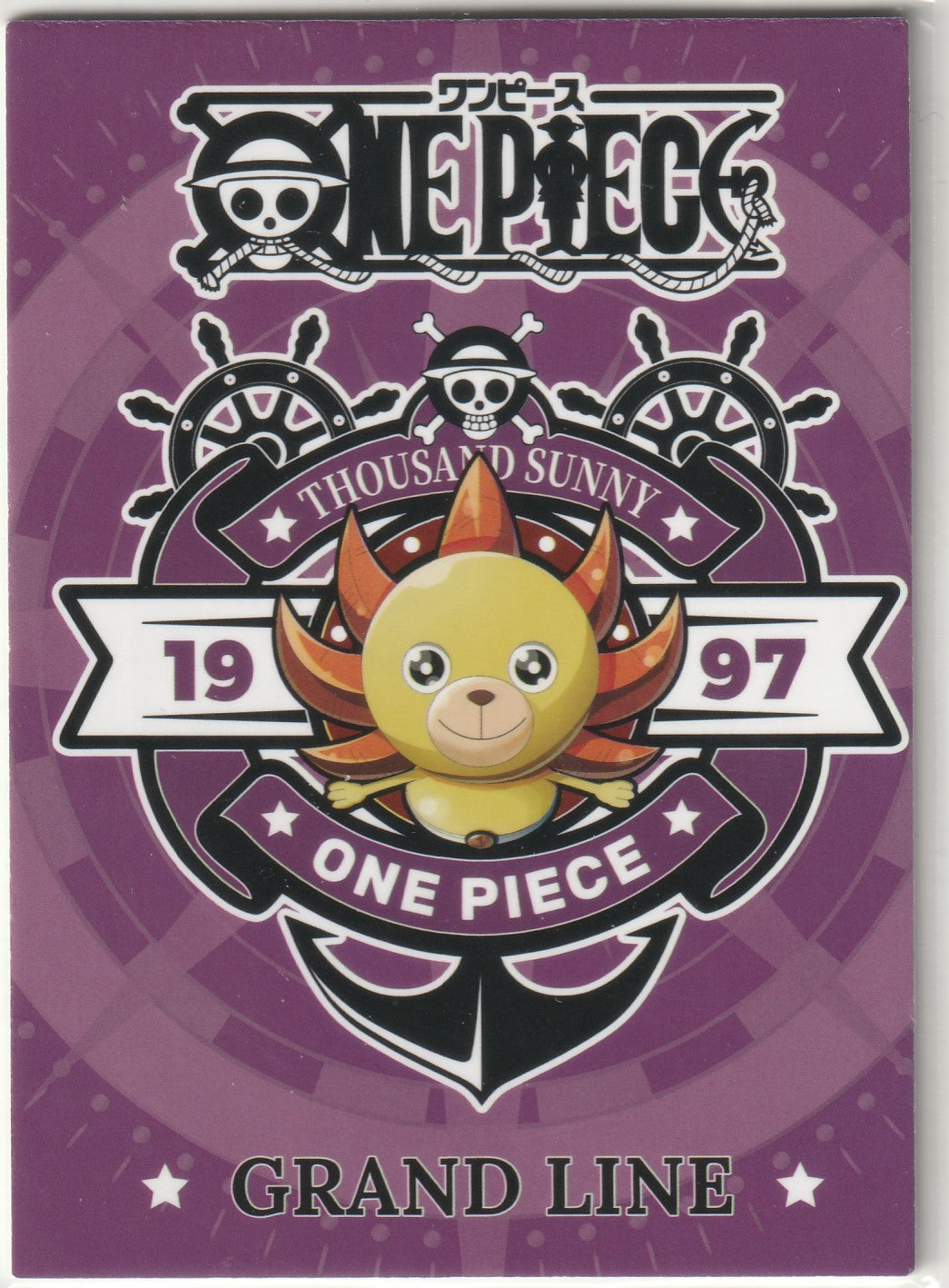 "One Piece card back featuring Thousand Sunny crest with purple background and 'GRAND LINE' text."