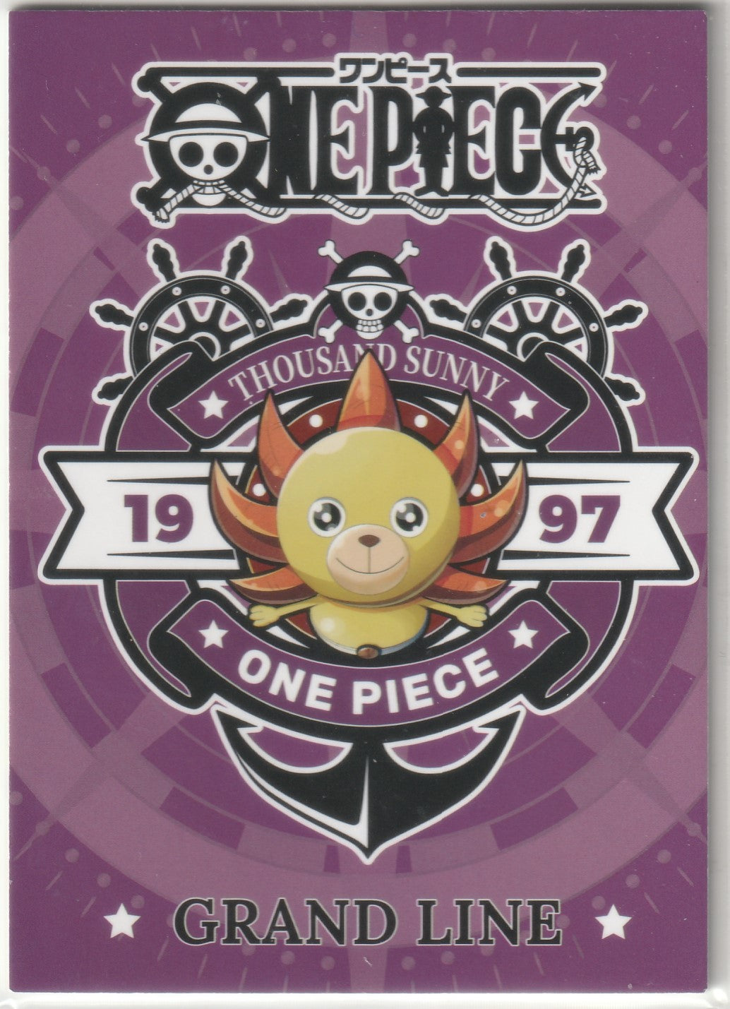 Reverse side of the card featuring the Thousand Sunny emblem, One Piece logo, and "Grand Line" text on a purple background.