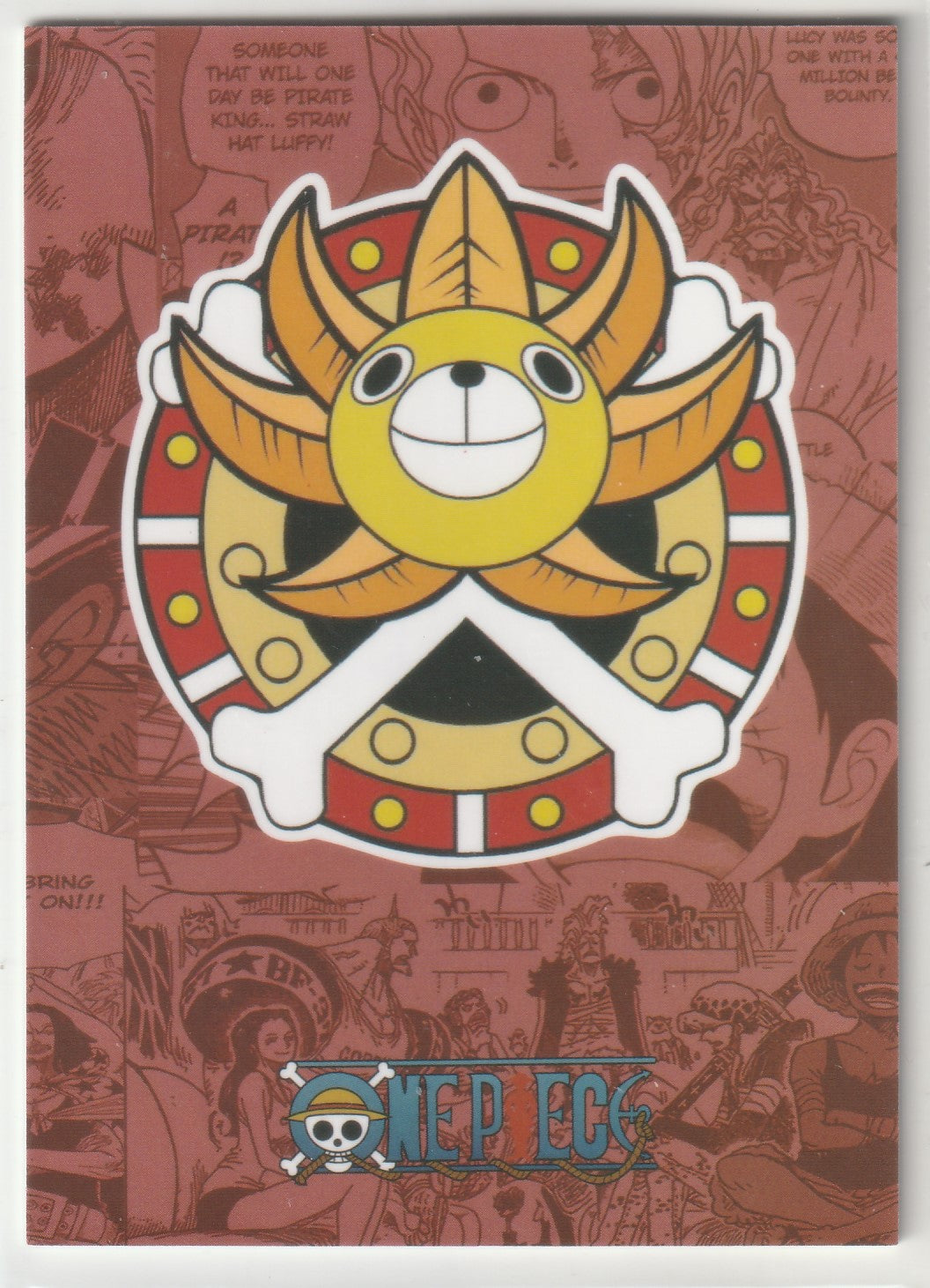 Thousand Sunny emblem on a red background with One Piece manga panel-style illustrations and the logo.