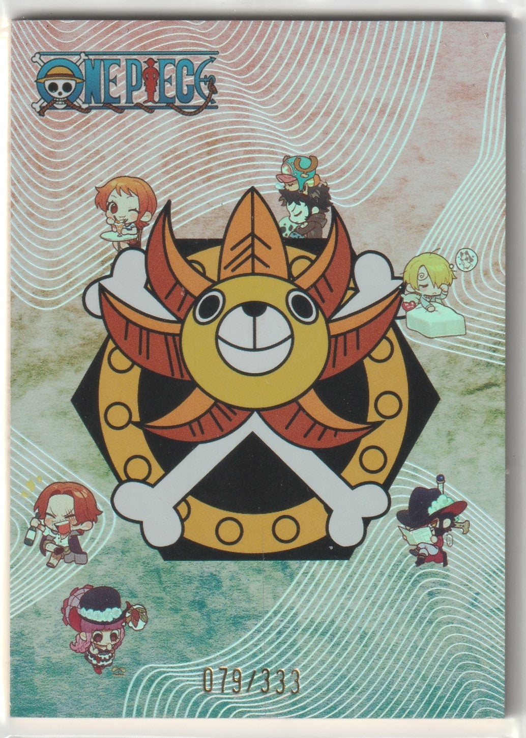 Thousand Sunny emblem surrounded by chibi-style One Piece characters on a textured wave background with glitter effect, numbered 079/333.