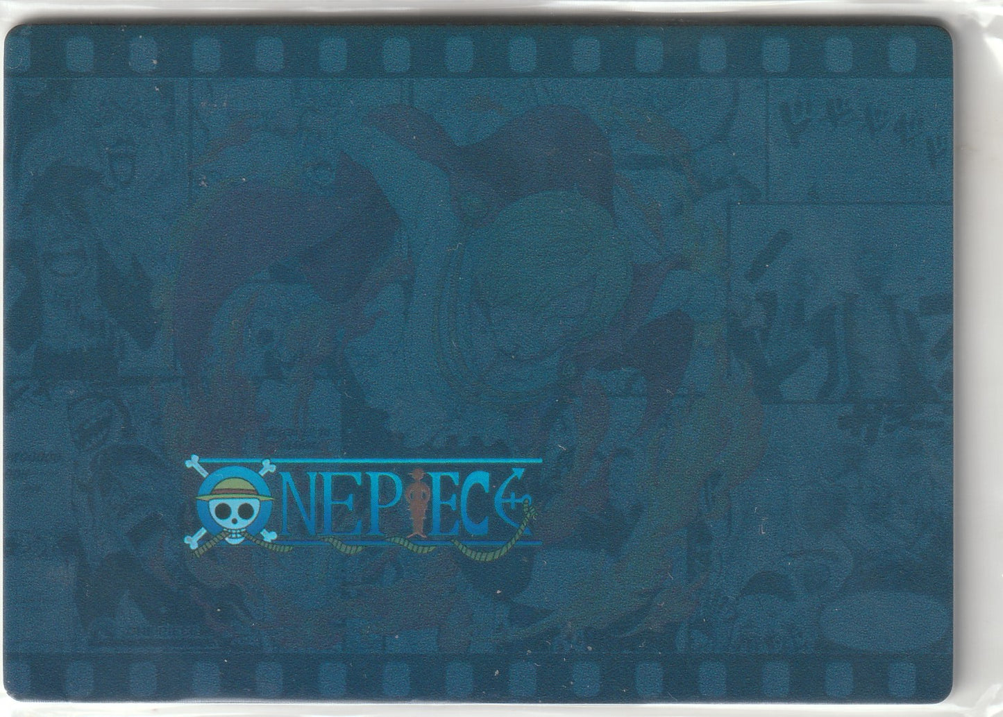 Subdued blue manga collage featuring the One Piece logo with Jolly Roger and filmstrip border design.