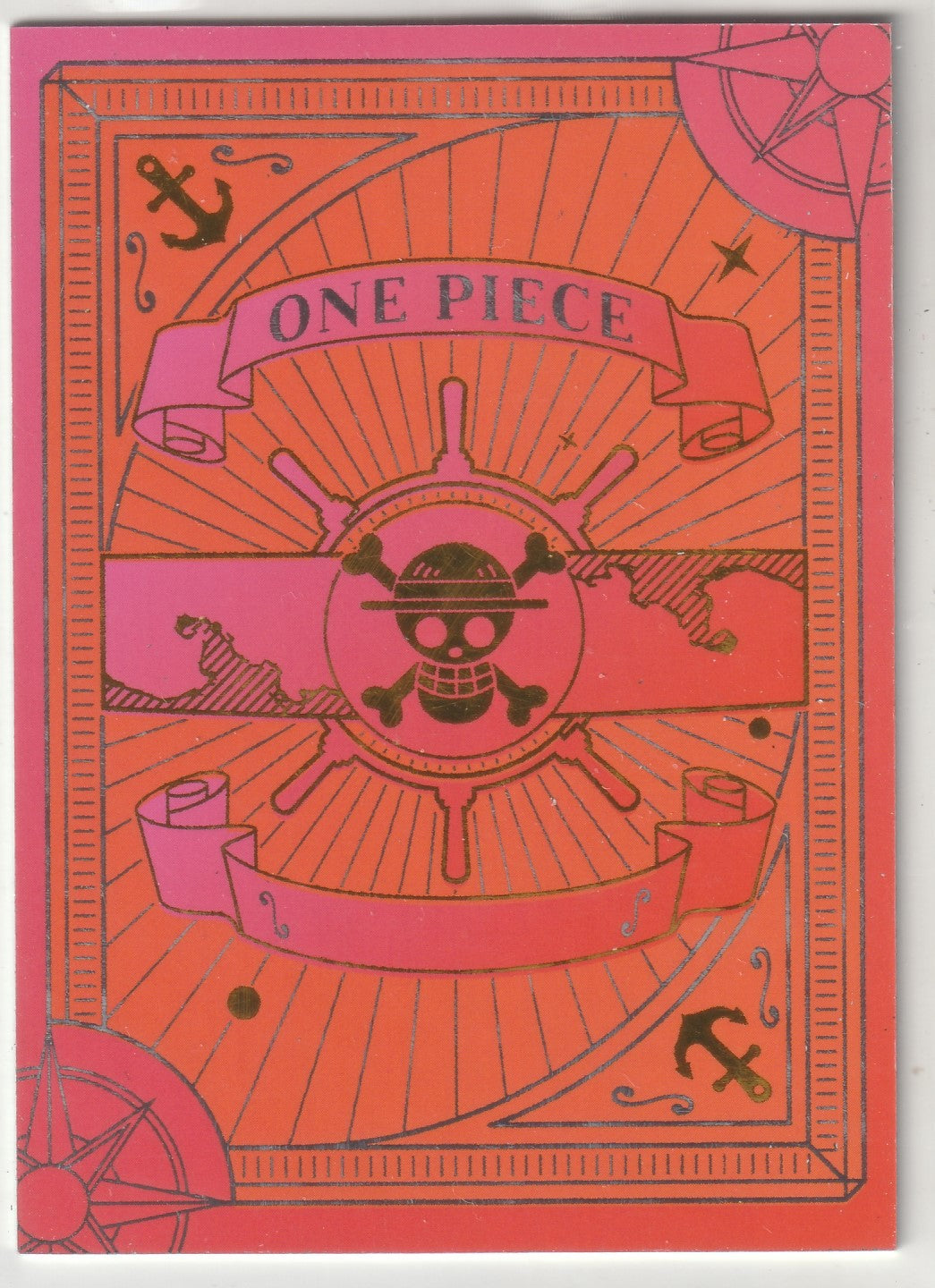 One Piece Jolly Roger logo on an orange and pink background with nautical elements and golden accents.