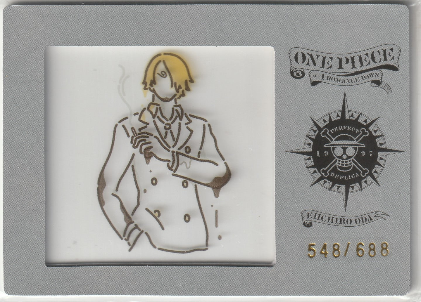 Clear acrylic centerpiece featuring gold line art of Sanji Vinsmoke, futuristic accents, and identifier SLR-008.