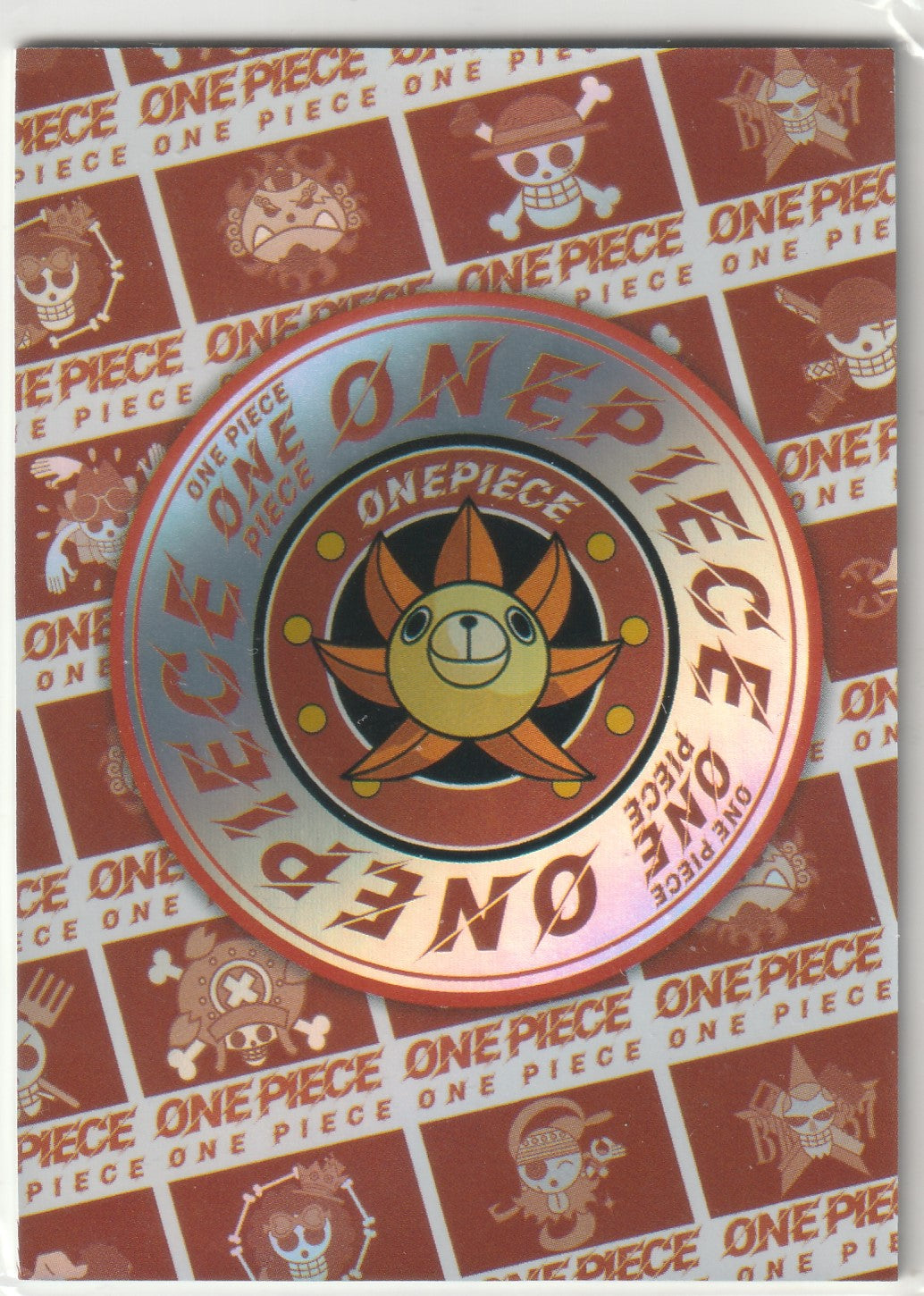 One Piece collage with the Thousand Sunny emblem at the center, surrounded by metallic 'One Piece' text in red and white.