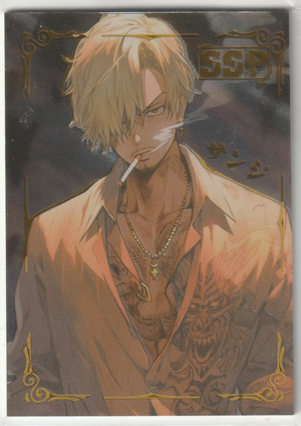 "Sanji SSP card back with a dynamic illustration of Sanji, gold foil accents, and a textured design."