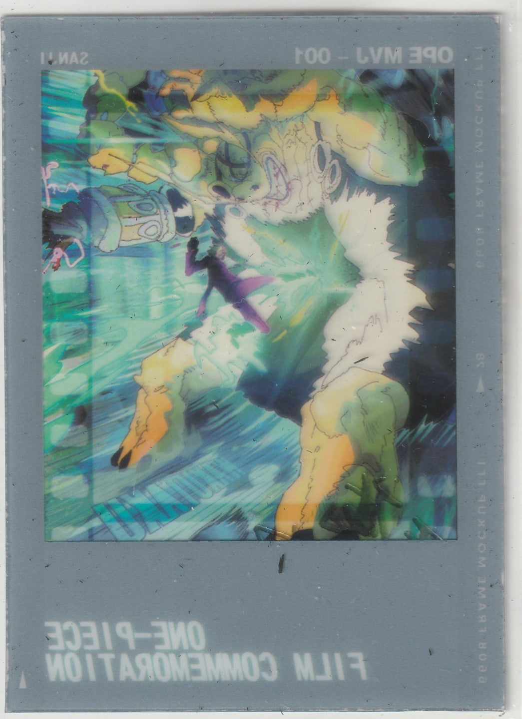 "Reverse side of a One Piece card featuring a toned-down version of Sanji’s action scene in a cinematic film-strip style."