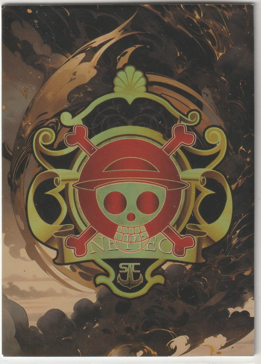 "One Piece Jolly Roger logo on a decorative background with swirling golden patterns and a stormy theme."