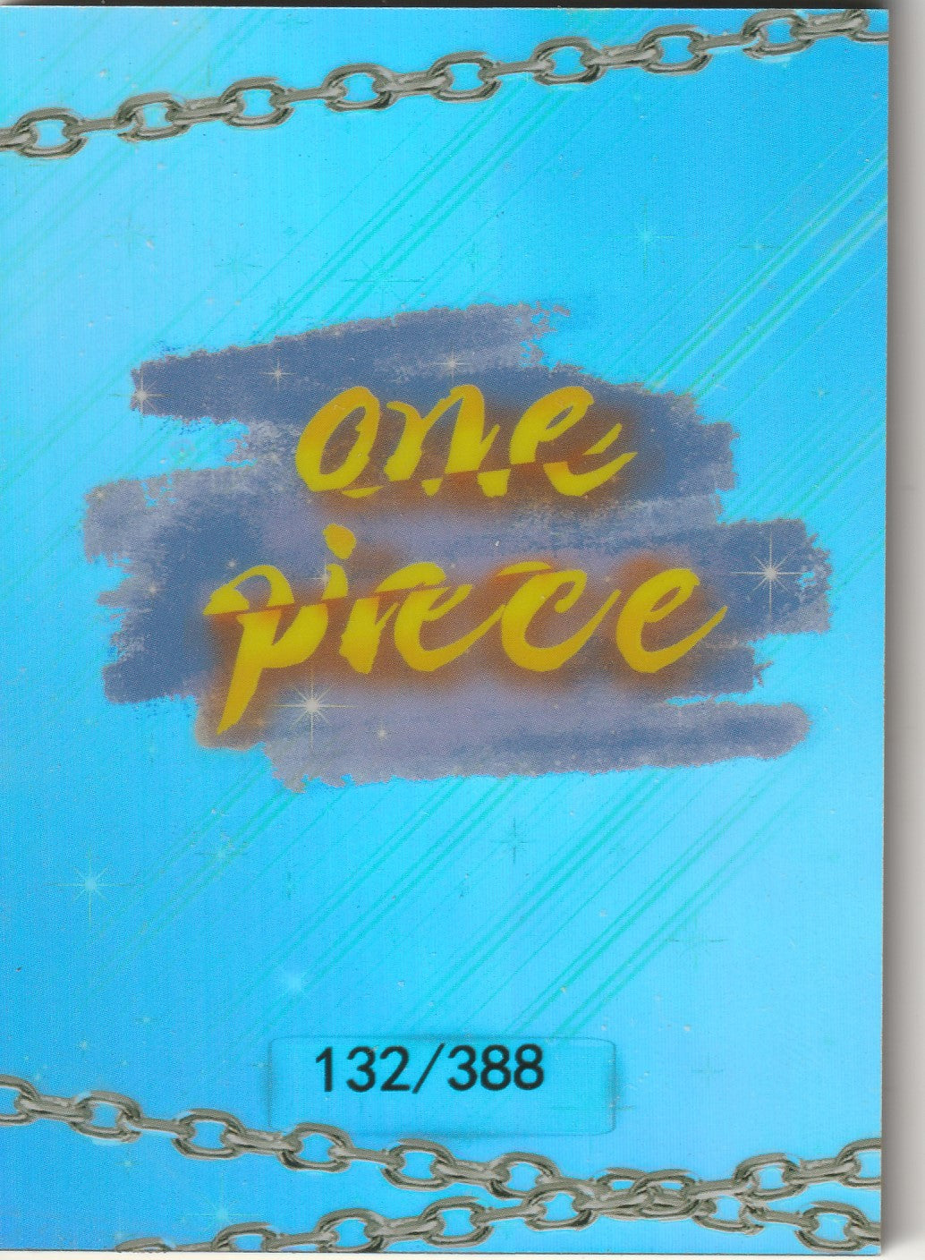 "Glossy One Piece card back with a bright blue background, silver chains, and the text '132/388.'"