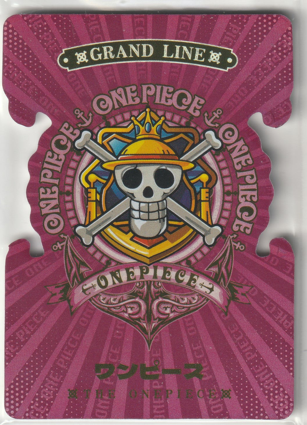 "One Piece ASR card back featuring a decorative emblem with the Jolly Roger, a crown, and crossed swords on a red background."