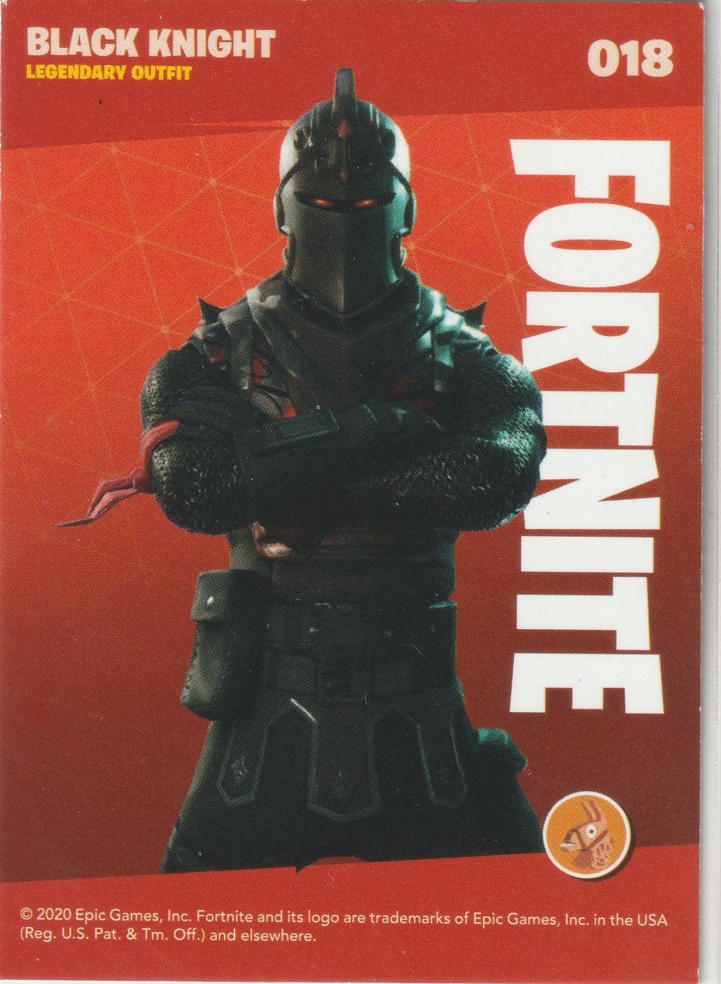 "Exclusive Fortnite trading card featuring the legendary Black Knight outfit (#018). Showcasing the dark and medieval-inspired design of this iconic character with glowing red eyes and bold red accents. Official Epic Games x Panini collectible from the 2020 Series 2 ."