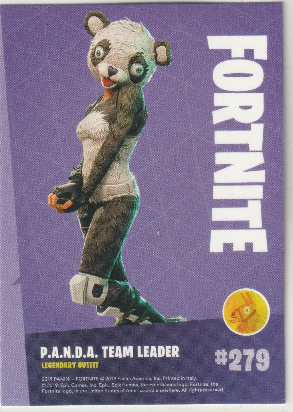"Exclusive Fortnite trading card featuring the legendary P.A.N.D.A. Team Leader outfit (#279). Showcasing the cute and panda-inspired design of this iconic character with large green eyes and a friendly smile. Official Epic Games x Panini collectible from the 2019 Series 1 ."
