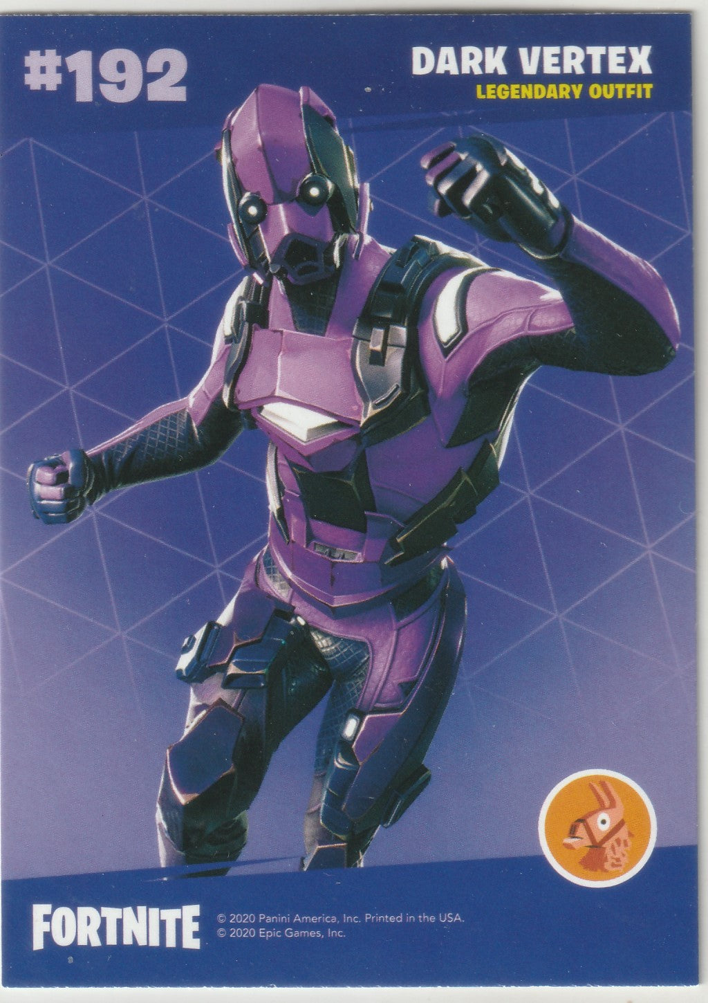"Exclusive Fortnite trading card featuring the legendary Dark Vertex outfit (#192). Showcasing the futuristic and space-themed design of this iconic character with a sleek, purple suit and glowing elements. Official Epic Games x Panini foil collectible from the 2020 Series 2 ."