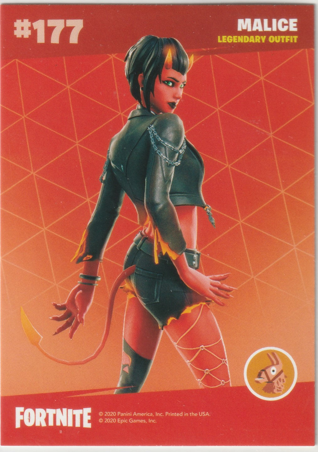 "Exclusive Fortnite trading card featuring the legendary Malice outfit (#177). Showcasing the bold and edgy design of this iconic character with glowing green eyes and sharp, angular armor. Official Epic Games x Panini foil collectible from the 2020 Series 2 ."