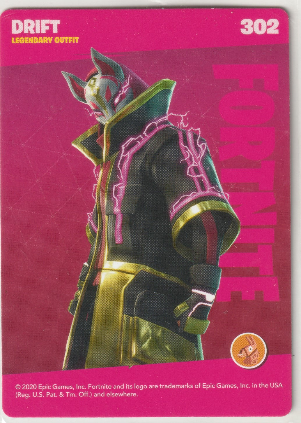 "Exclusive Fortnite trading card featuring the legendary Drift outfit (#302). Showcasing the bold and futuristic design of this iconic character with glowing elements and sharp, angular armor. Official Epic Games x Panini lenticular 3D collectible from the 2020 Series 2 Movin' Set ."