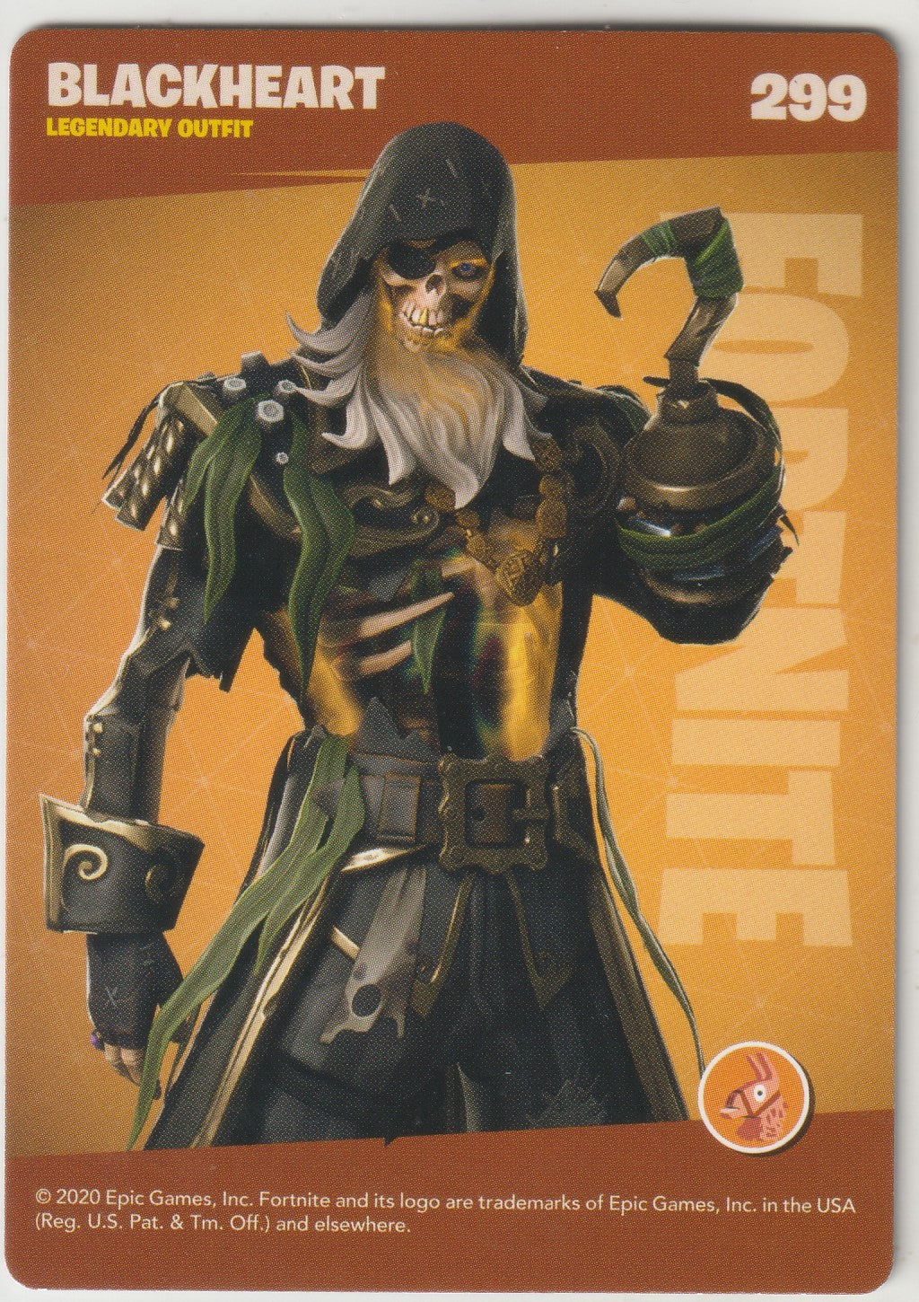 "Exclusive Fortnite trading card featuring the legendary Blackheart outfit (#299). Showcasing the dark and pirate-inspired design of this iconic character with a skull mask and glowing yellow eyes. Official Epic Games x Panini lenticular 3D collectible from the 2020 Series 2 ."