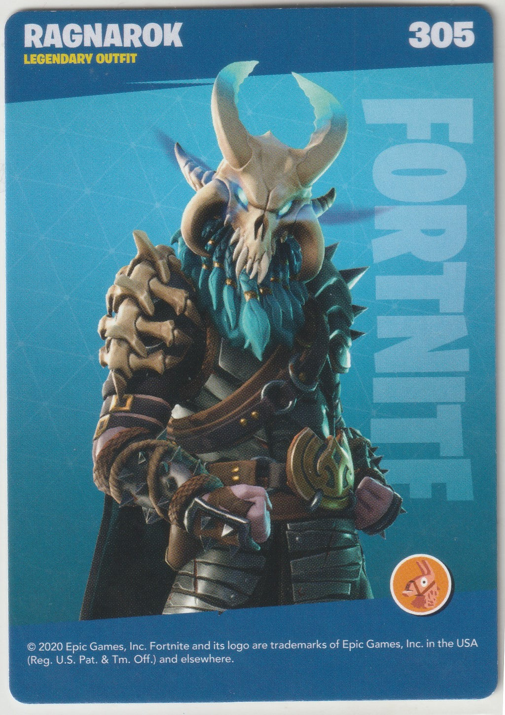 Exclusive Fortnite trading card featuring the legendary Ragnarok outfit (#305). Showcasing the fierce and mythological design of this iconic character with glowing horns and bold blue and gold accents. Official Epic Games x Panini lenticular 3D collectible from the 2020 Series 2