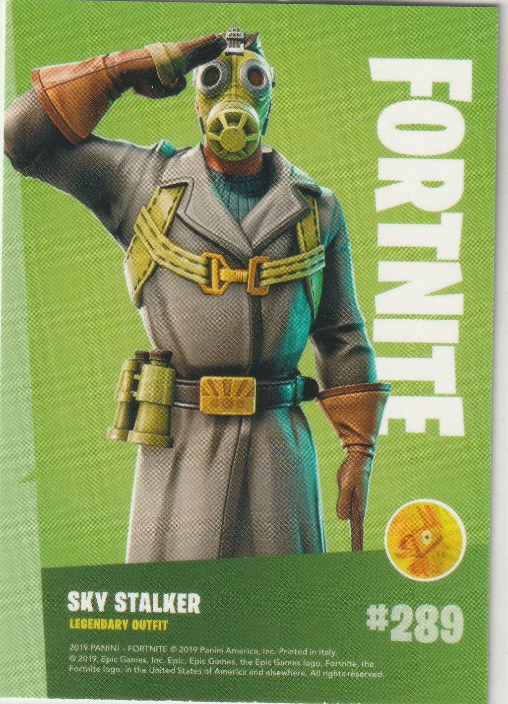 "Exclusive Fortnite trading card featuring the legendary Sky Stalker outfit (#289). Showcasing the tactical and post-apocalyptic design of this iconic character with a gas mask and bold yellow accents. Official Epic Games x Panini collectible from the 2019 Series 1 ."