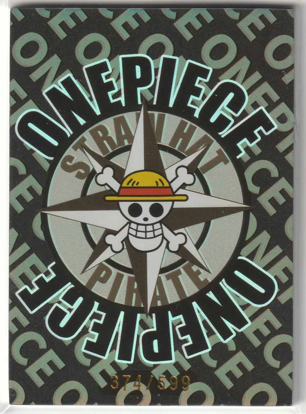 One Piece CBR-006 Usopp card back, featuring the Straw Hat Pirates emblem with holographic effect and gold foil numbering, 374/599.