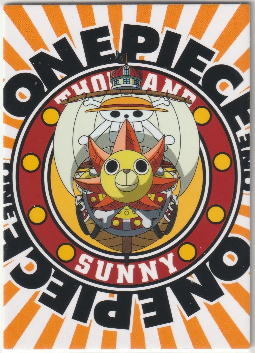 One Piece CP-132 card back featuring the Thousand Sunny emblem with bold orange rays and the One Piece logo.
