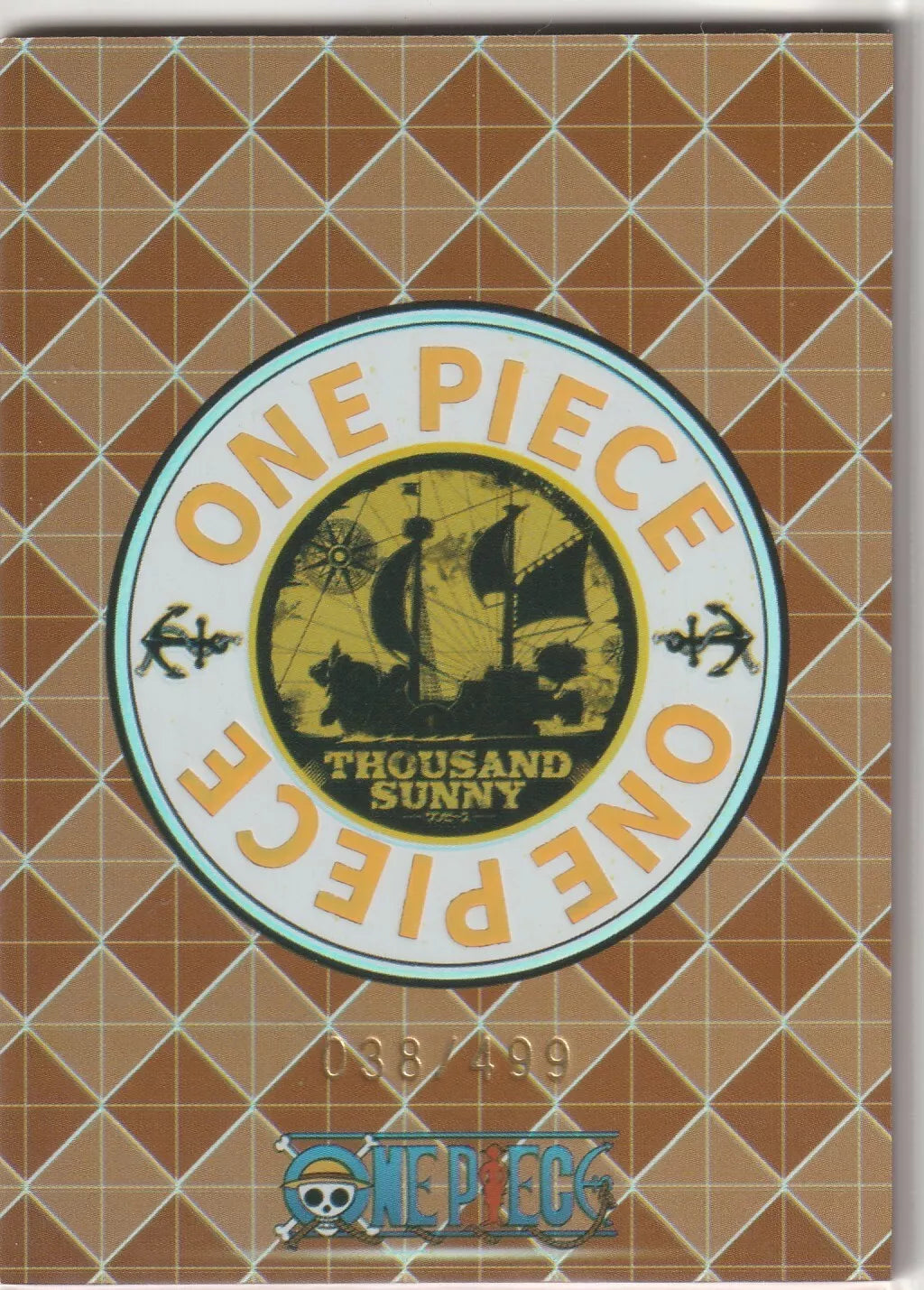 The back of the One Piece CR-009 Master Man card featuring the Thousand Sunny logo with foil details and a grid background.