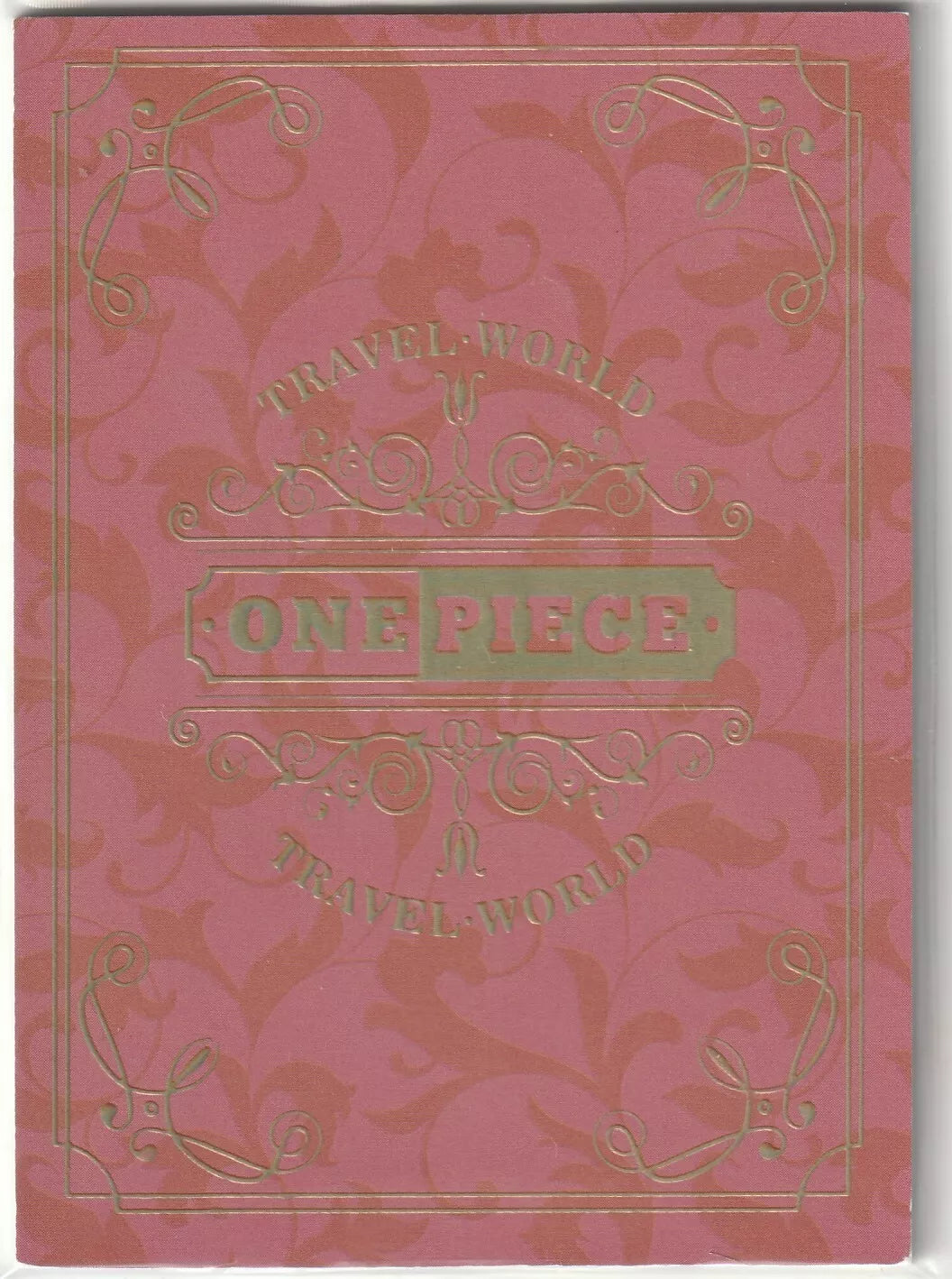 One Piece anime card back with pink floral pattern and gold-embossed 'Travel World' design and logo.