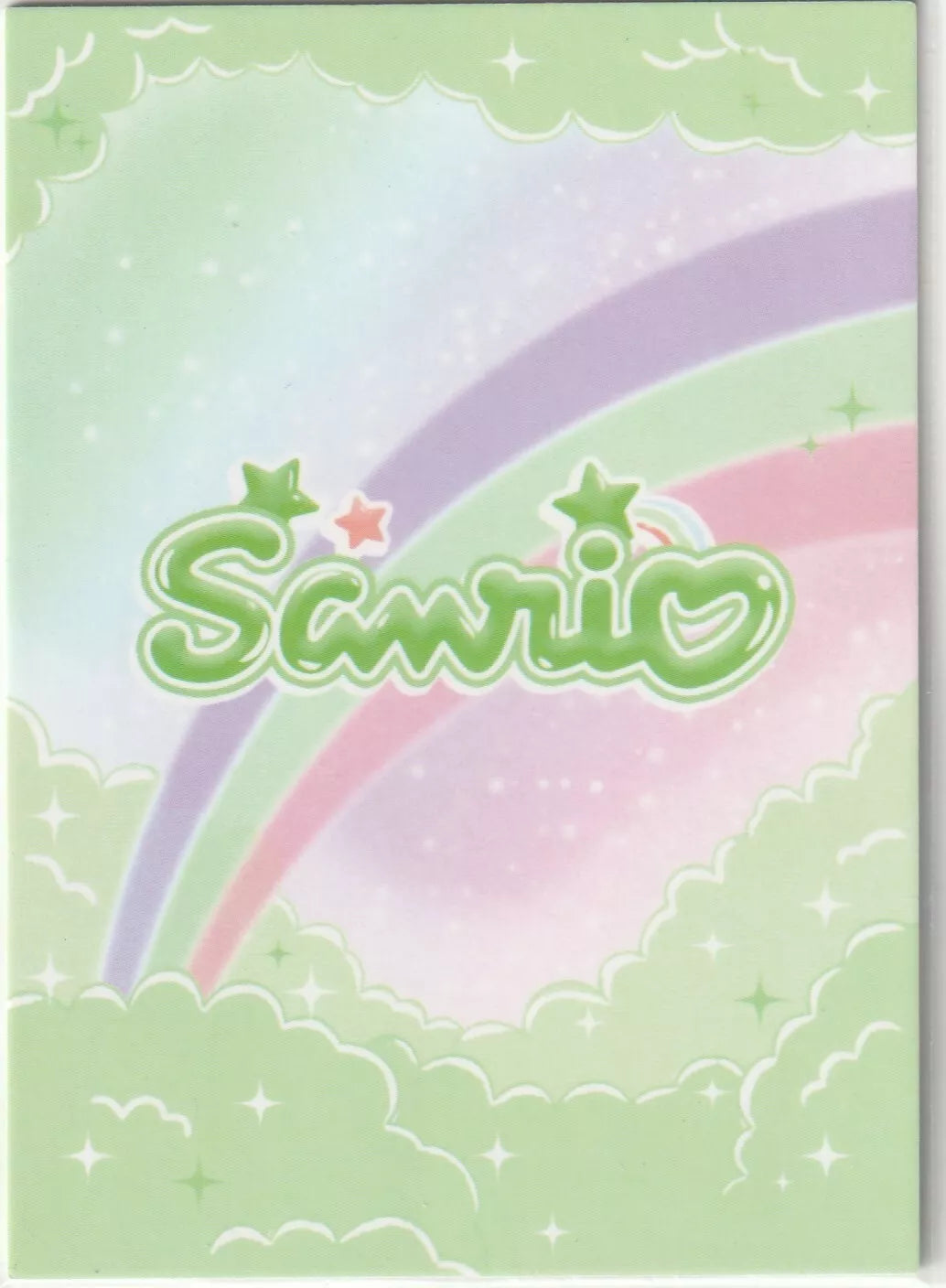 "Back of Sanrio SSR-026 card showing the Sanrio logo with a pastel rainbow and starry green background."