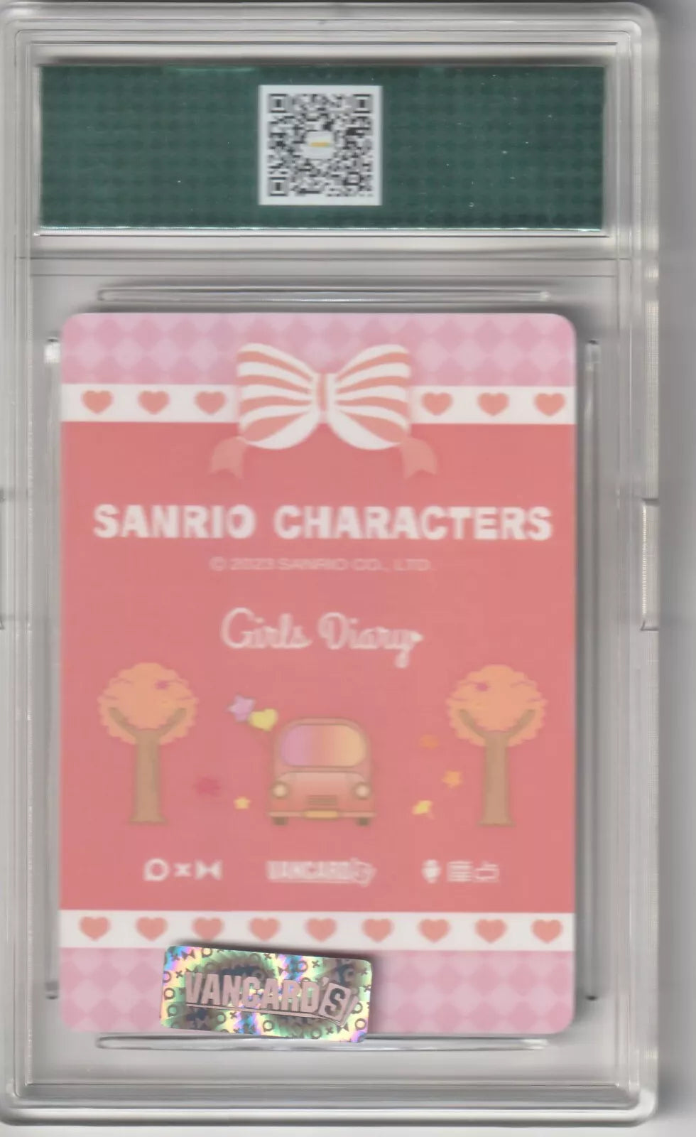Pink card back featuring a bow, stylized trees, and a small car with balloons, along with Sanrio Characters and Girls Diary text. in case