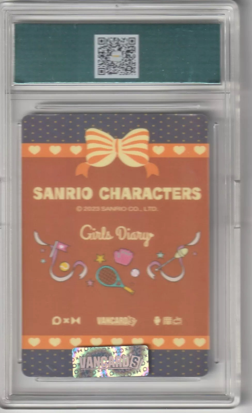 Sanrio Characters Girls Diary card back with an orange and brown design, featuring a large bow, sports equipment like tennis rackets and baseball gloves, and star decorations in casing