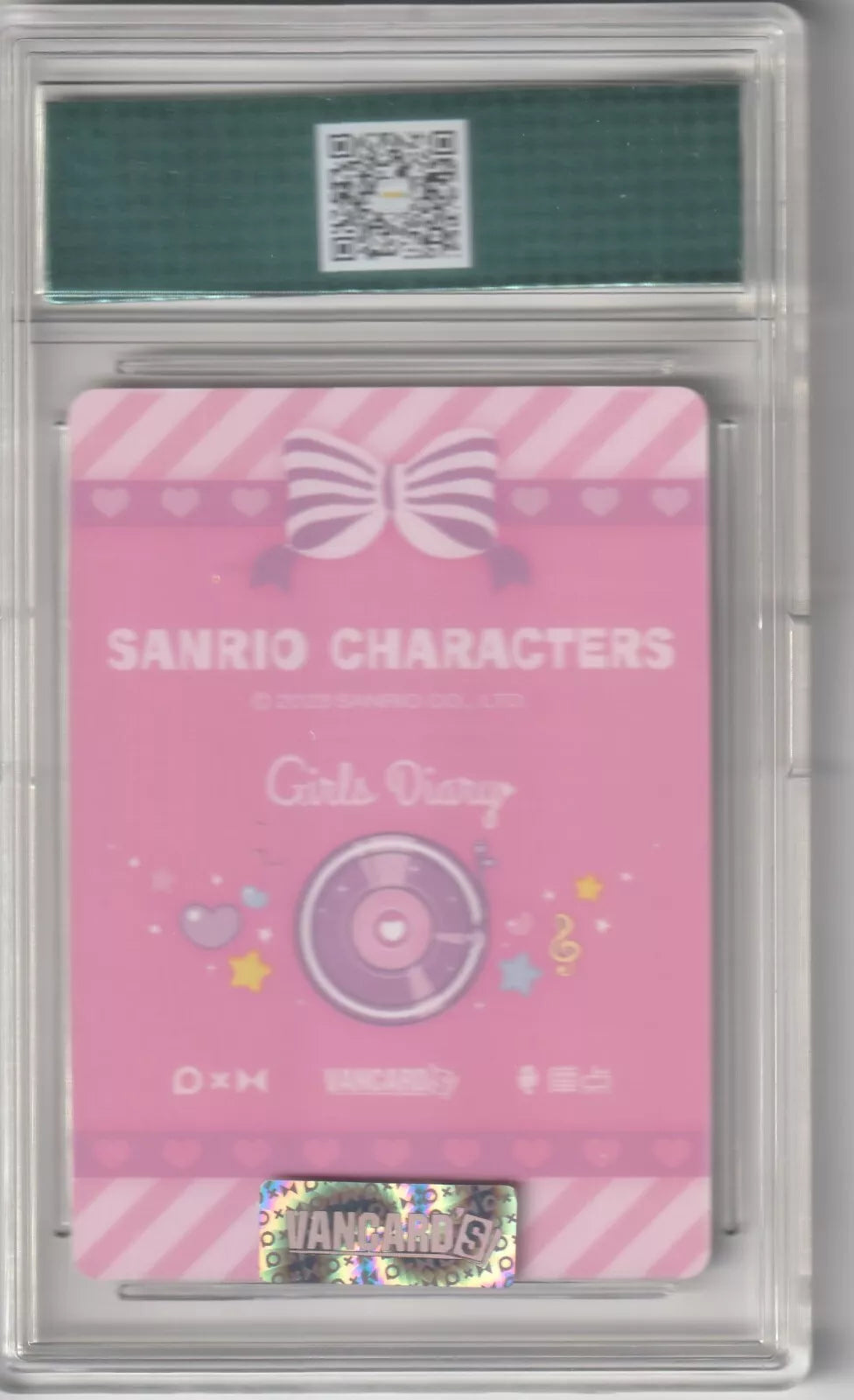 Sanrio Characters Girls Diary card back with a pink design, featuring a large bow, music-themed decorations, and a record player graphic surrounded by stars and hearts in case