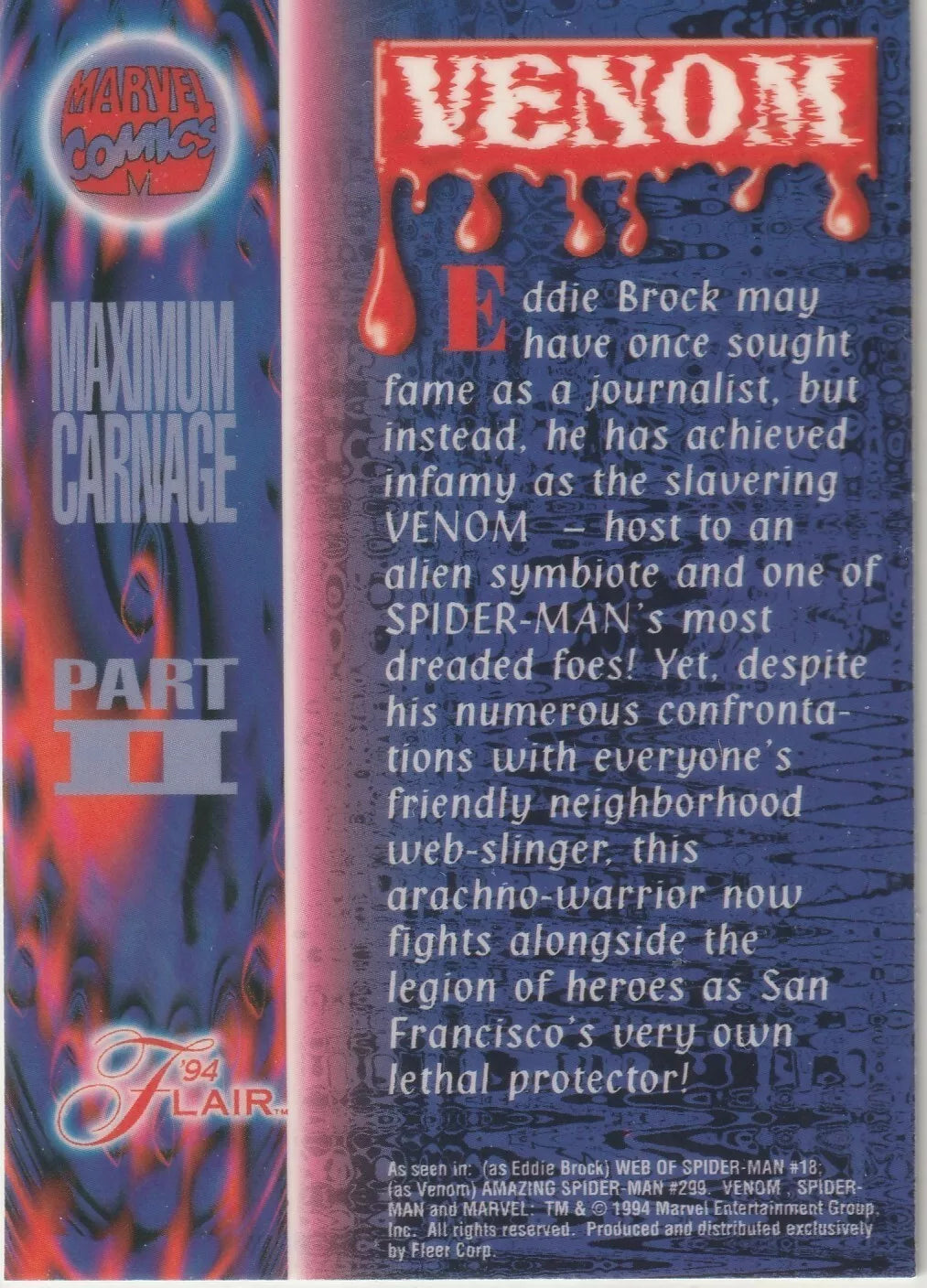 1994 Flair Marvel Inaugural Edition Maximum Carnage Part 2 Venom Pack Fresh